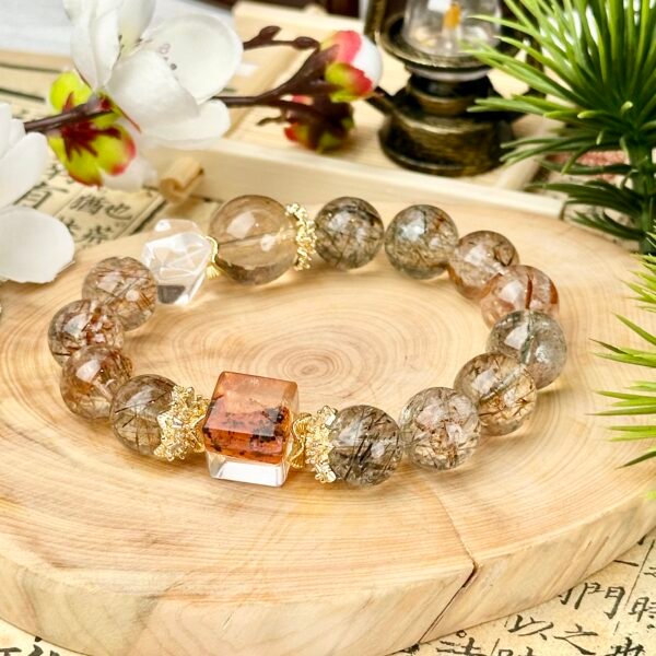 C1- Black Gold Super Seven + Copper Rutilated with White Crystal Double Tip +  Hematoid Quartz Candy Bracelet