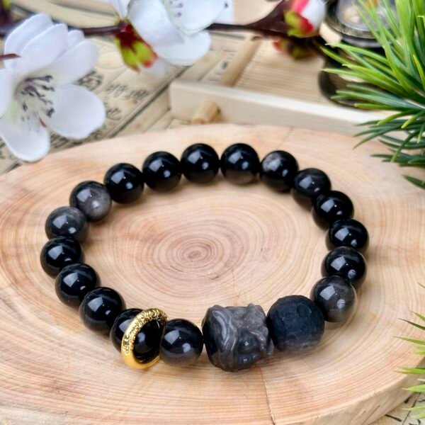 C11-Silver Obsidian +Waking Lion Accessory + Meteorite Bracelet