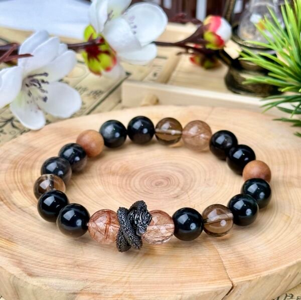 C12-Silver Obsidian + Old Mountain Sandalwood + Copper Rutilated Crystal + Smoky Crystal + Running Ring Bracelet