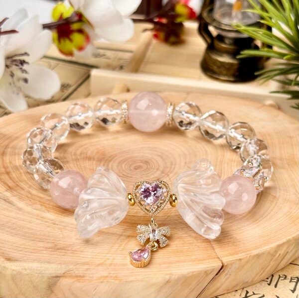C21-64 Faceted White Crystal + Butterfly Wings + Madagascar Rose Quartz + Love Heart Charm Bracelet