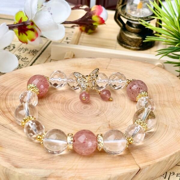 C22-Strawberry Quartz +White Crystal+Butterfly Bracelet