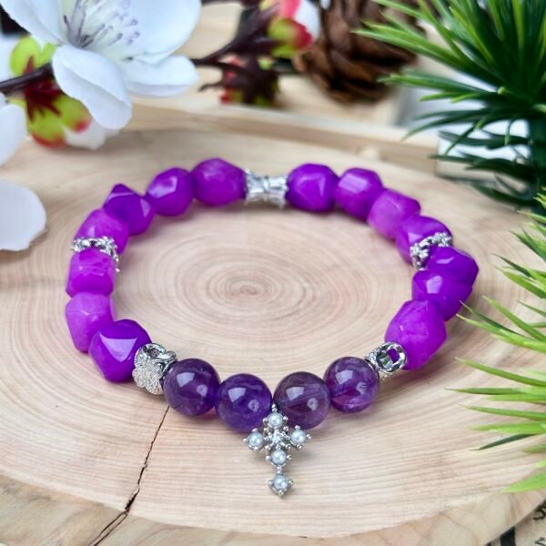 C48-Purple Colored Jade+ Amethyst+ Silver Pearl Cross