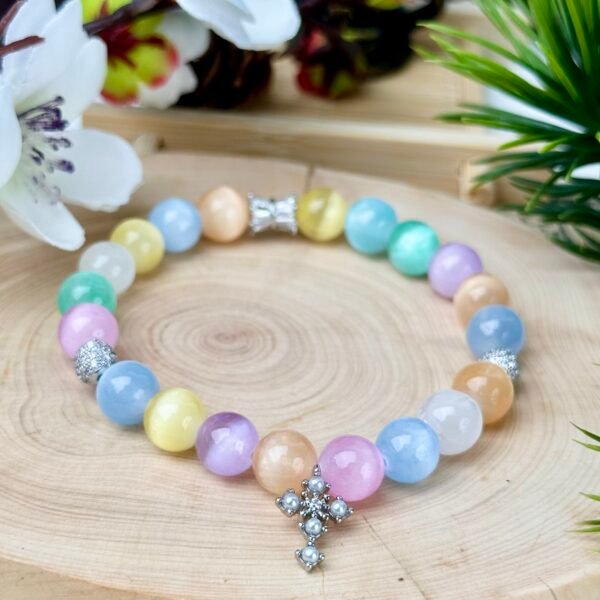 C51-Rainbow Colored Selenite+ Silver Pearl Cross
