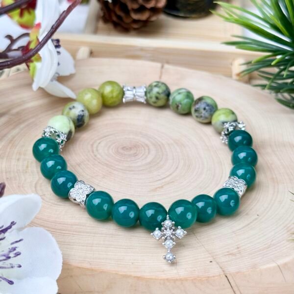 C52-Green Agate+ Green Chrysoprase/Australian Jade+Silver Pearl Cross